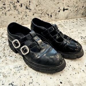 Madden NYC Black Patent Leather Mary Jane Shoes with Rhinestone Buckles, Size 3